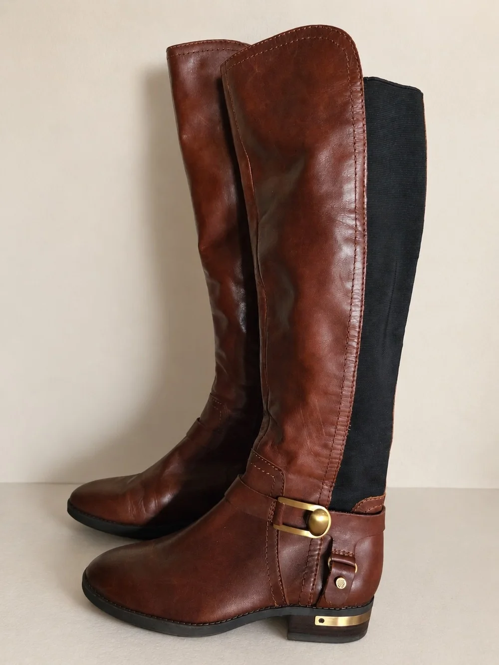 Vince Camuto Pearley Tall Riding Boots Women 7M Brown Black Leather Gold Buckle
